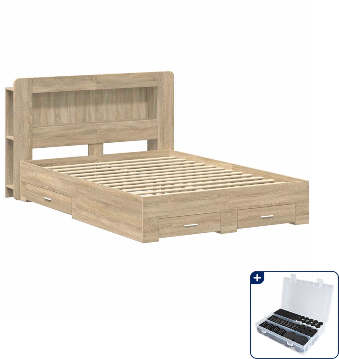vidaXL bedframe met opslag - 150 x 200 cm - bewerkt hout - sonoma eiken - Inclusief antikrasvilt 177-delig Bruin