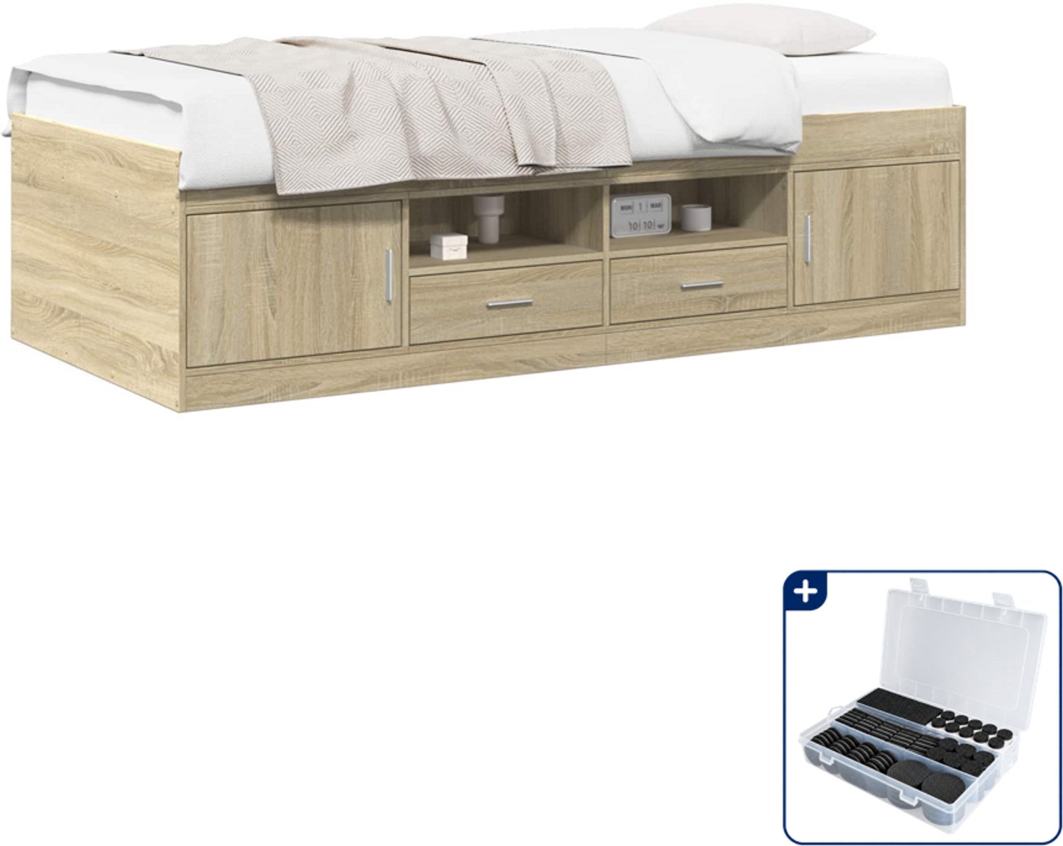 vidaXL bedframe met opslag - 80 x 200 cm - bewerkt hout - sonoma eiken - Inclusief antikrasvilt 177-delig Bruin