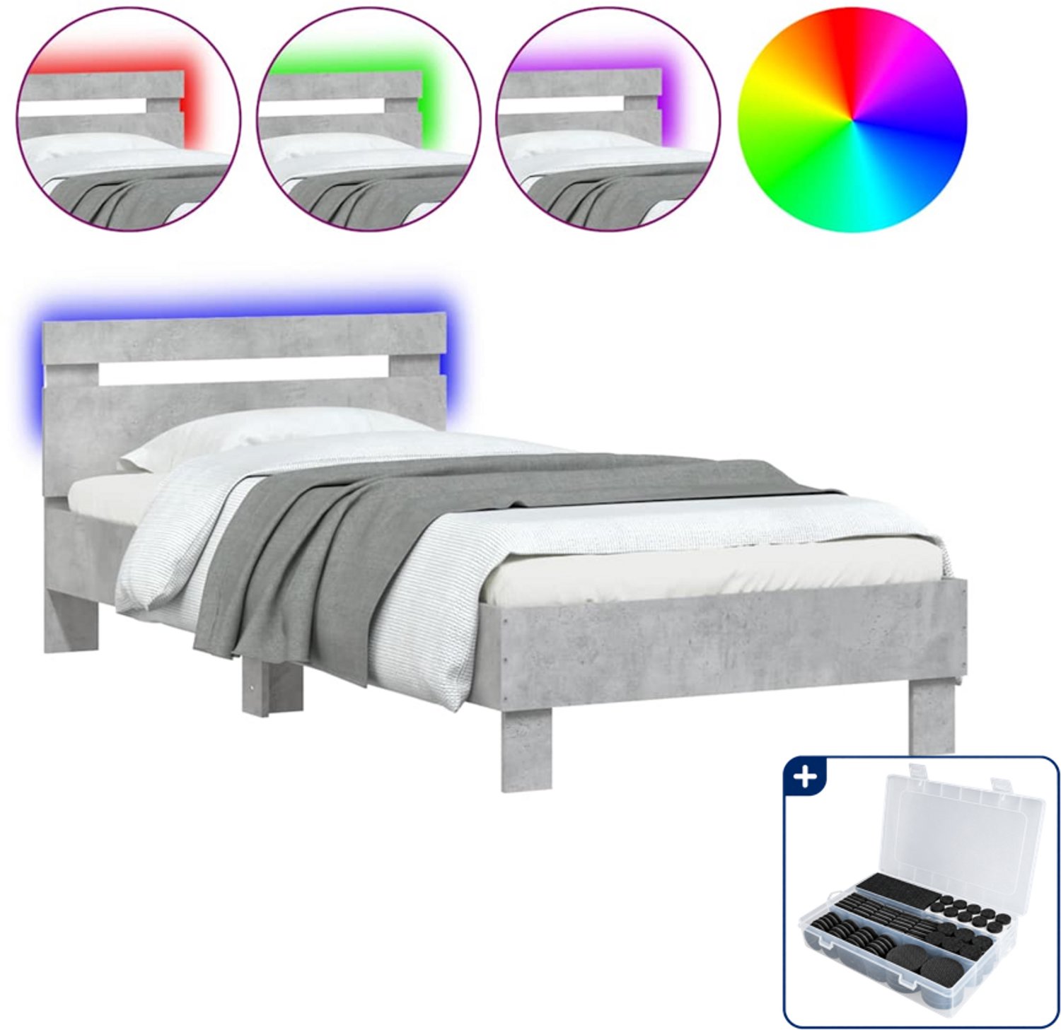vidaXL bedframe met led - 90 x 190 cm - betongrijs - Inclusief antikrasvilt 177-delig