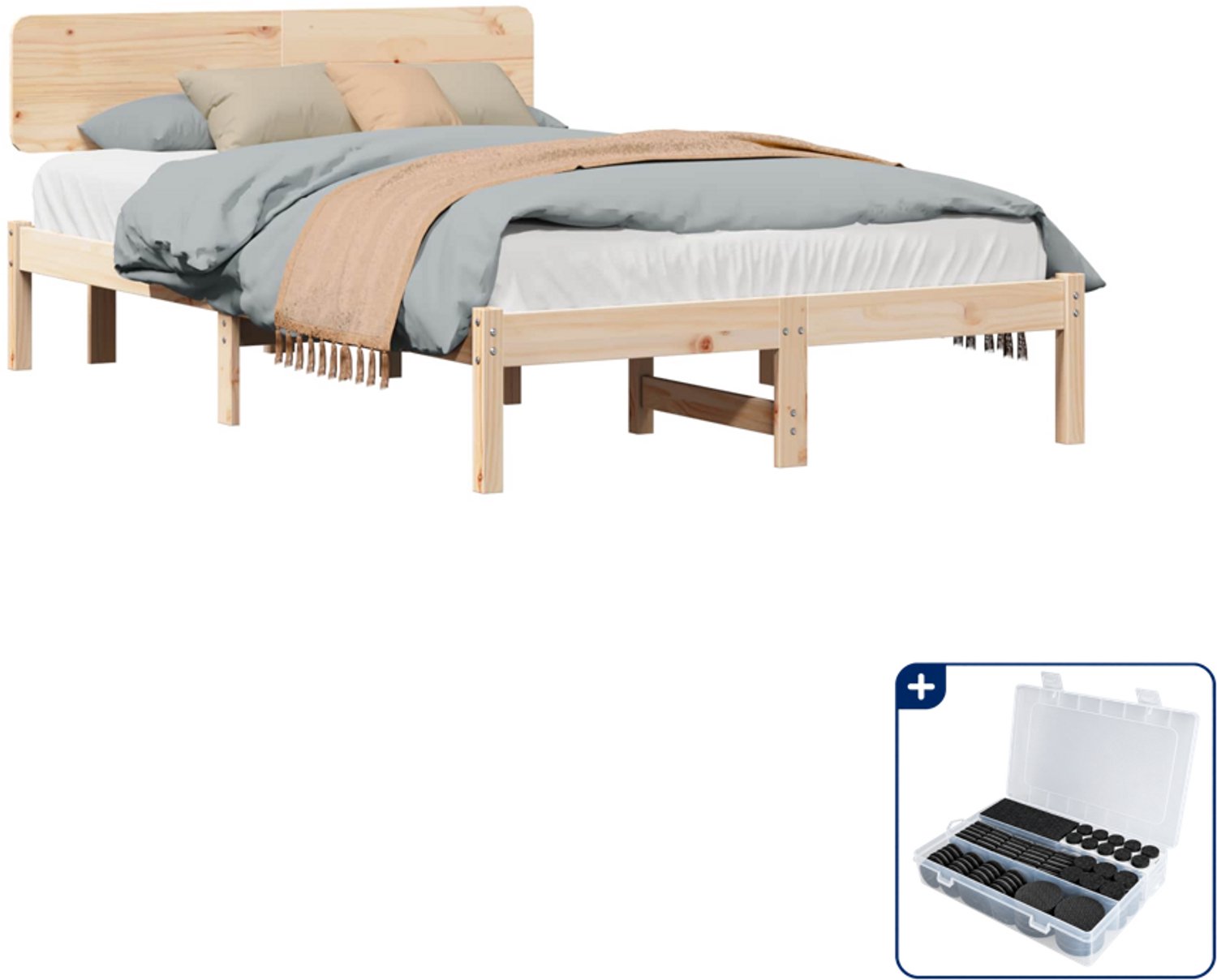 vidaXL bedframe - 140 x 190 cm - massief grenenhout - naturel - Inclusief antikrasvilt 177-delig Bruin