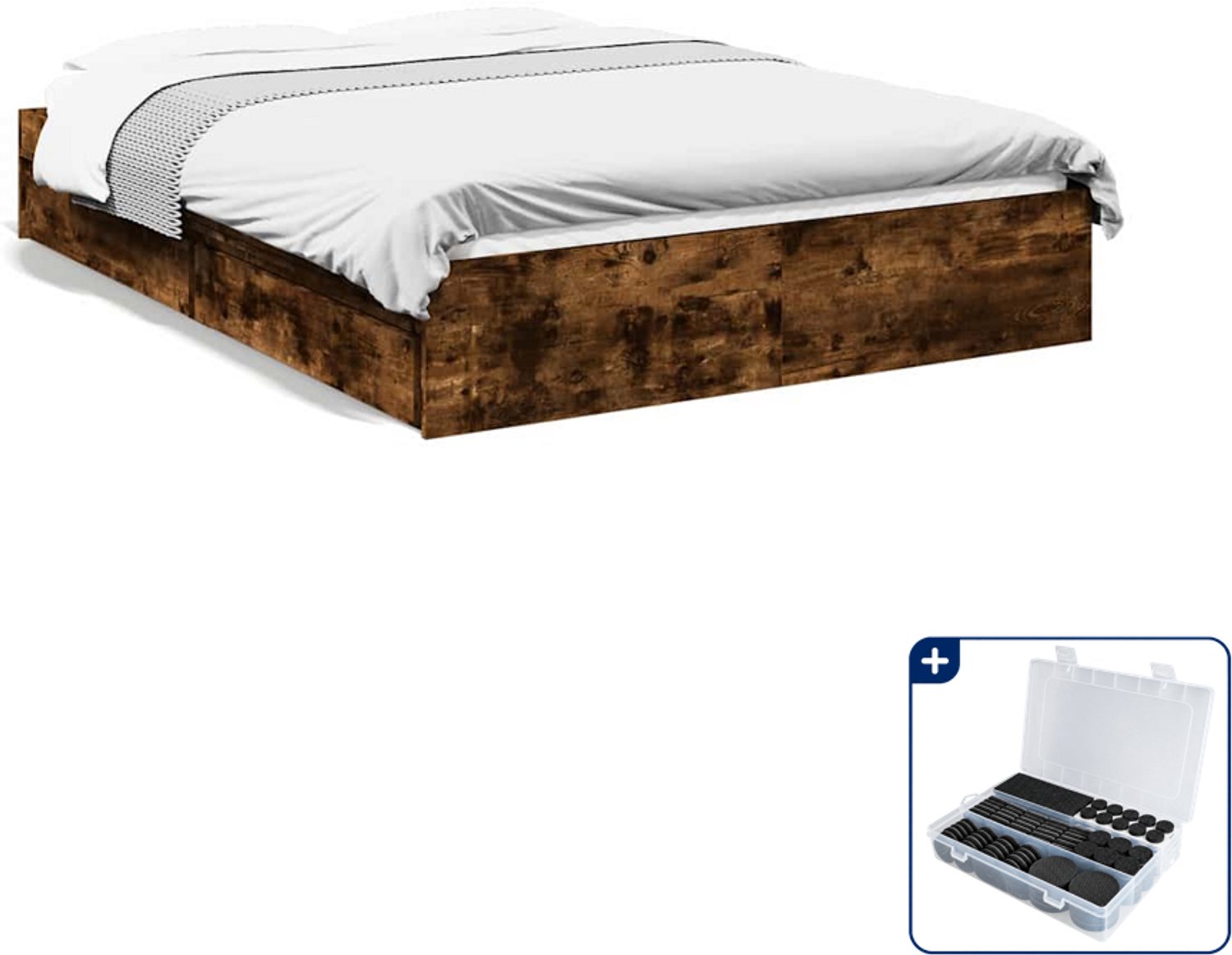 vidaXL bedframe met lades - 120 x 200 cm - bewerkt hout - gerookt eiken - Inclusief antikrasvilt 177-delig Zwart