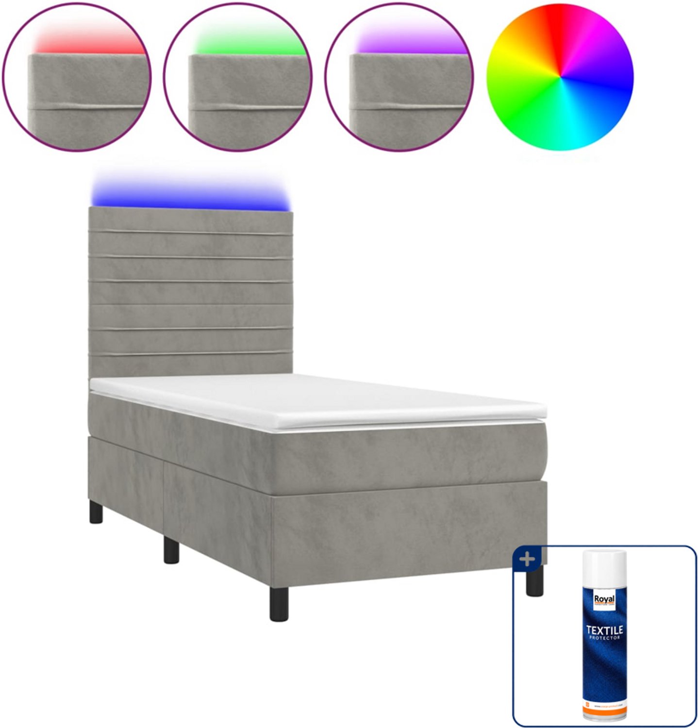 vidaXL boxspring met matras en LED - 80 x 200 cm - fluweel - lichtgrijs - Inclusief textielbeschermer 500 ml