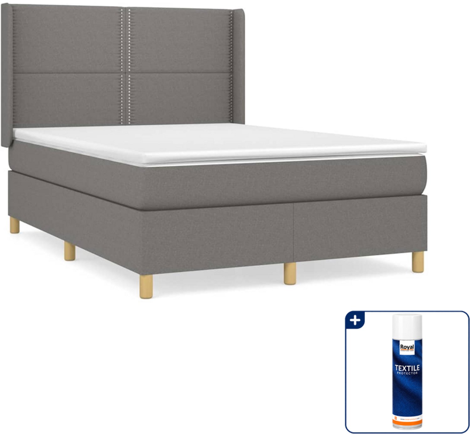 vidaXL boxspring met matras 140 x 190 cm - stof - donkergrijs - Inclusief textielbeschermer 500 ml