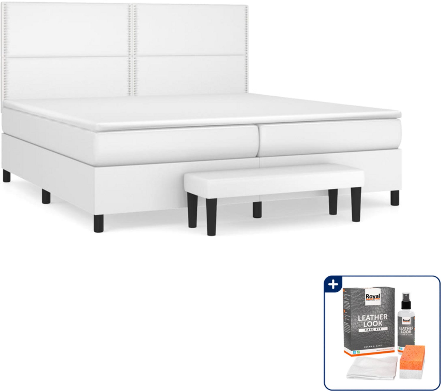vidaXL boxspring met matras en bankje - 200 x 200 cm - kunstleer - wit - Inclusief onderhoudsset voor kunstleer 150 ml
