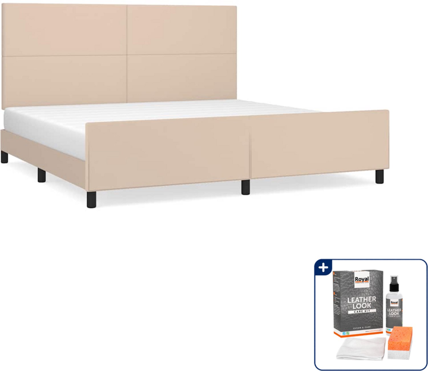 vidaXL Bedframe met hoofdbord - 200 x 200 cm - kunstleer - cappuccino - Inclusief onderhoudsset voor kunstleer 150 ml Bruin