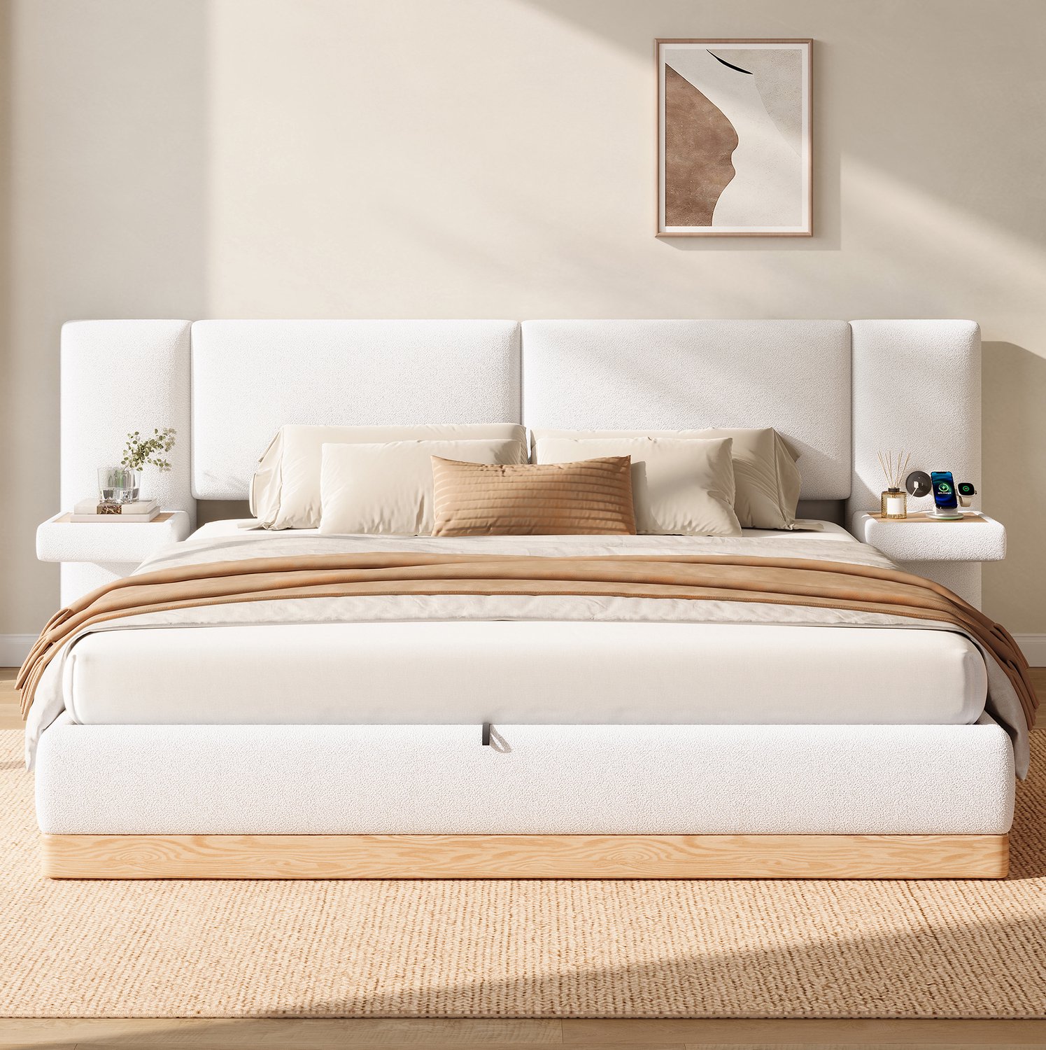 STILVORA Gestoffeerd Bed 180x200 cm – Hydraulische Bergruimte – Zijplanken met Usb-Aansluitingen – Tweepersoonsbed – Wit en Naturel – Zonder Matras