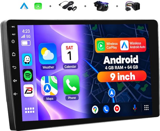 9-inch autoradio met aanraakscherm, Android 13, draadloze Apple CarPlay en Android Auto, 4GB RAM en 64GB opslag.