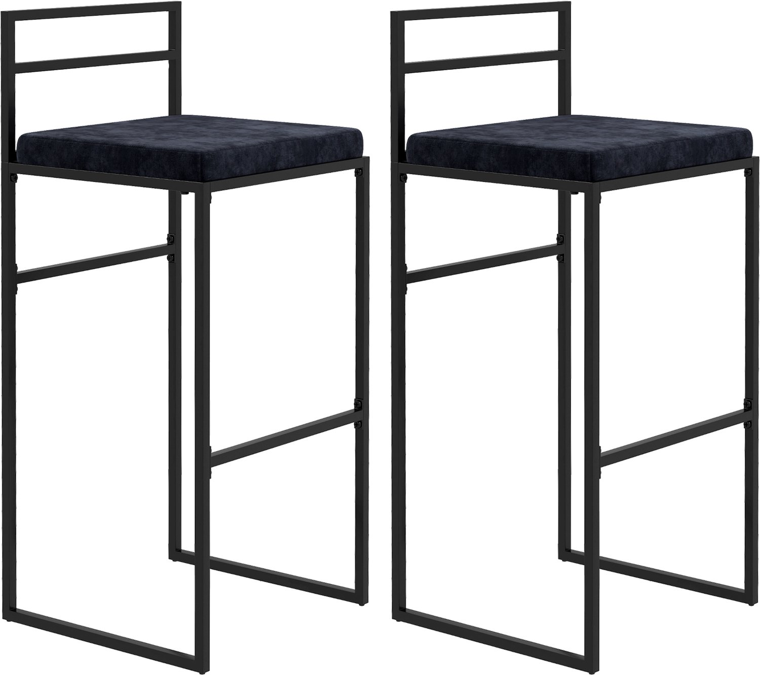 Lunpog Set van 2 hoge stoelen, barkrukken, hoogte 74 cm, stalen frame, zitkussen van fluweel, voetensteun, barstoelen, elegante moderne stijl, zwart