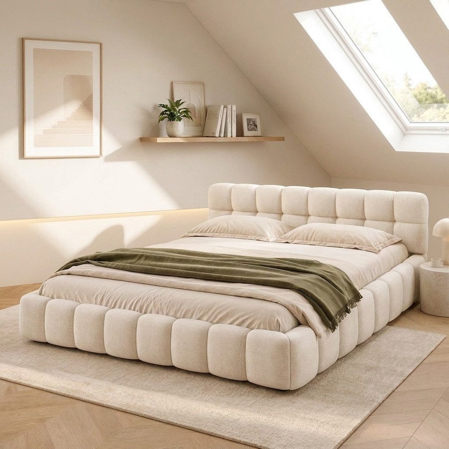 Mofor Gestoffeerd tweepersoonsbed 160x200 cm - laag bedframe met inlegdesign - gewatteerd hoofdbord - linnen bekleding - houten en metalen frame - beige