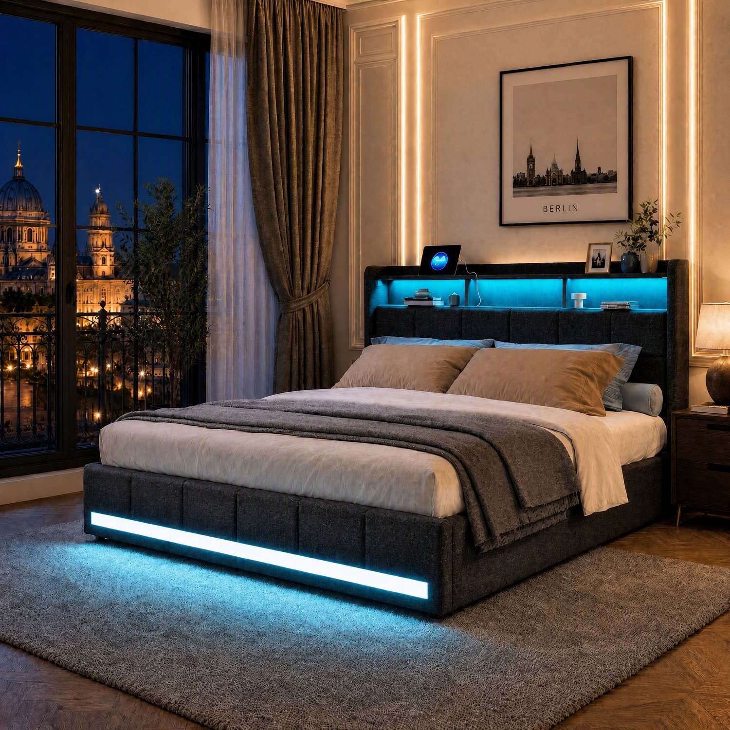 Mofor Gestoffeerd opbergbed 160x200 cm met 4 lades en lattenbodem - tweepersoonsbed met RGB LED-verlichting - hoofdbord met opbergplank en USB-poorten - linnen bekleding - grijs