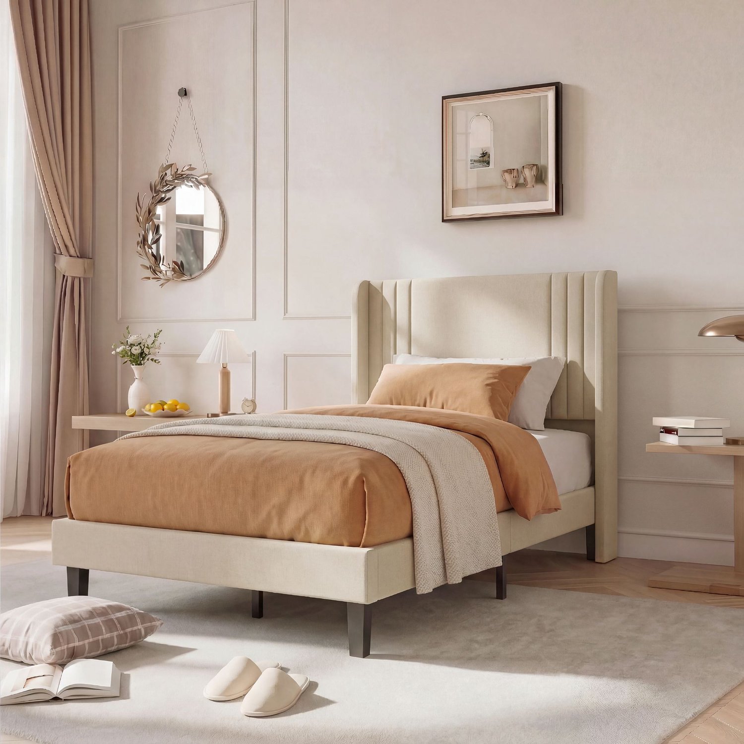Mofor Gestoffeerd eenpersoonsbed 90x200 cm met hoofdbord en stille lattenbodem - linnen bekleding - metalen frame - beige - modern design