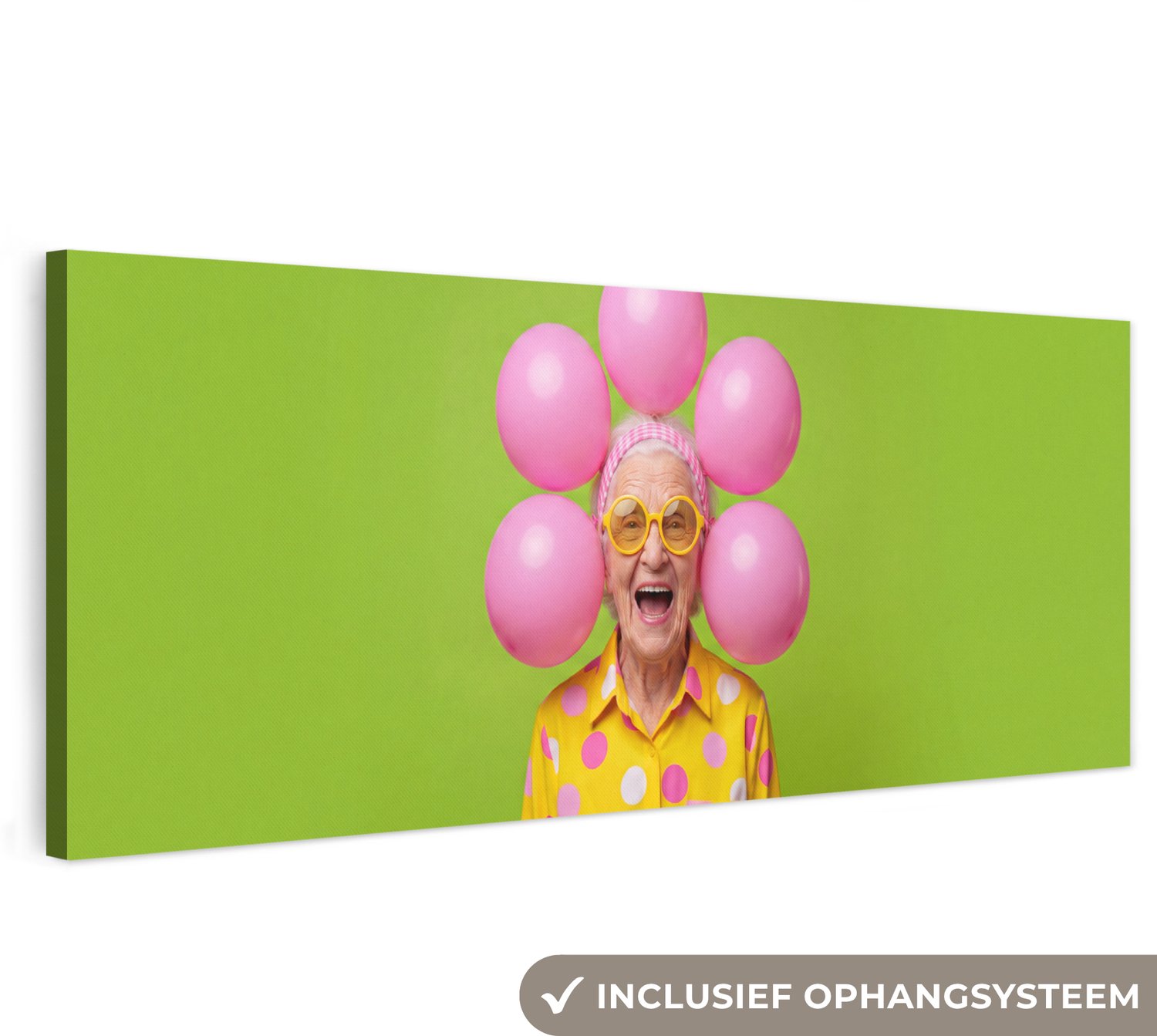 Canvas schilderij 300x100 cm - Exclusieve wanddecoratie Mens - Ballonnen - Feest - Kleurrijk - Roze - Muurdecoratie woonkamer - Slaapkamer decoratie - Kamer accessoires - Schilderijen op canvas groot XXL