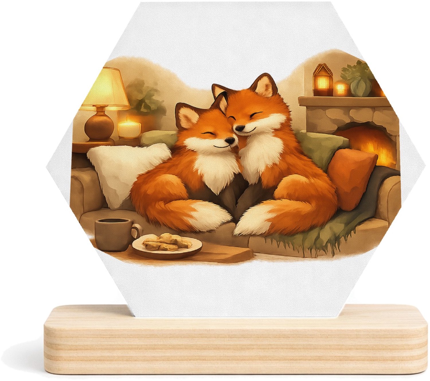 Mr Cadeautjes MDF fotolijst/inleg hexagon 14 x 13 - design Een gezellige ochtendscène met twee dikke honden op een keuk | cadeau Wit