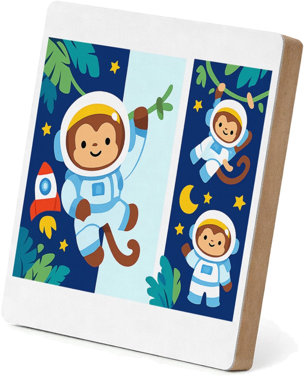 Mr Cadeautjes MDF staande fotolijst 15,2 x 15,2 - design Dromerige jungle met hangende aapjes en tropische bladeren | cadeau Wit
