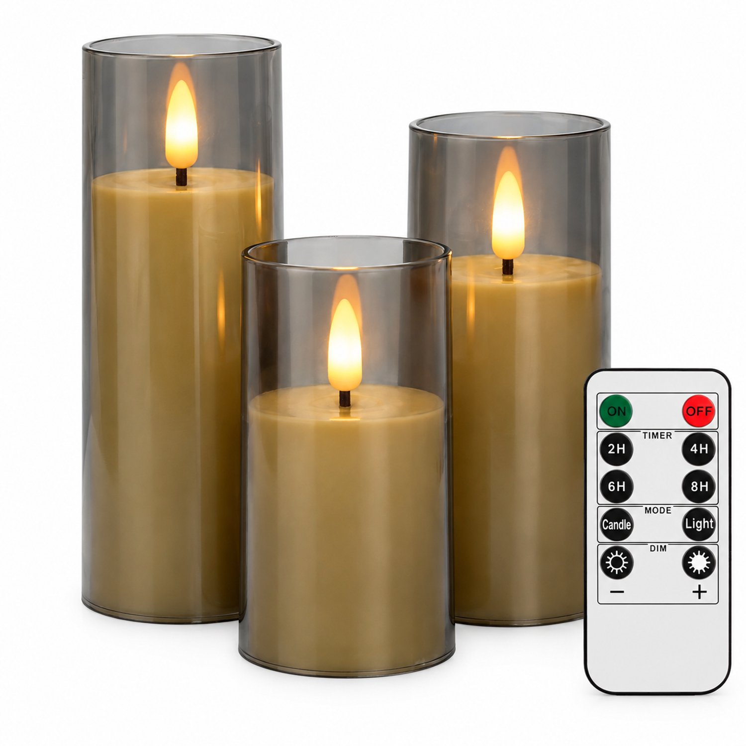 SWGOTA led kaarsen, set van 3 met afstandsbediening - verschillende hoogtes, grijze cilindervormige kappen en warm vlamvormig licht Grijs