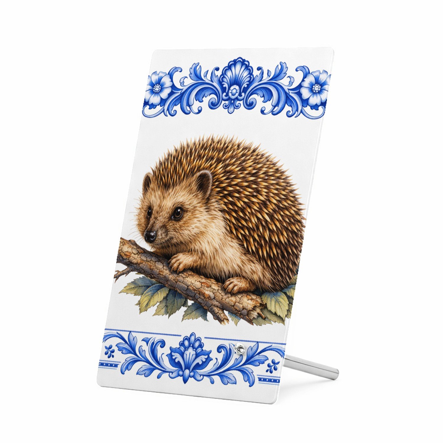 Mr Cadeautjes Glasframe 11 x 16 - design Een realistische egel op een tak of tussen bladeren, omringd | cadeau Wit