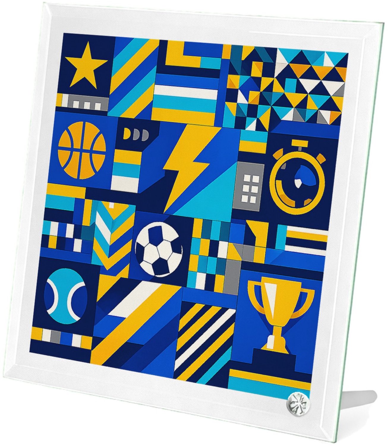 Mr Cadeautjes Glasframe 20 x 20 - design Een sportieve patchworkprint met kleine iconische vormen zoa | cadeau Wit