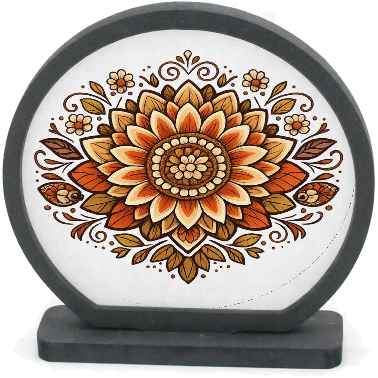 Mr Cadeautjes Houten fotolijst rond met MDF inleg - design Een rustige, symmetrische zonnebloemmandala met zachte boogl | cadeau Wit