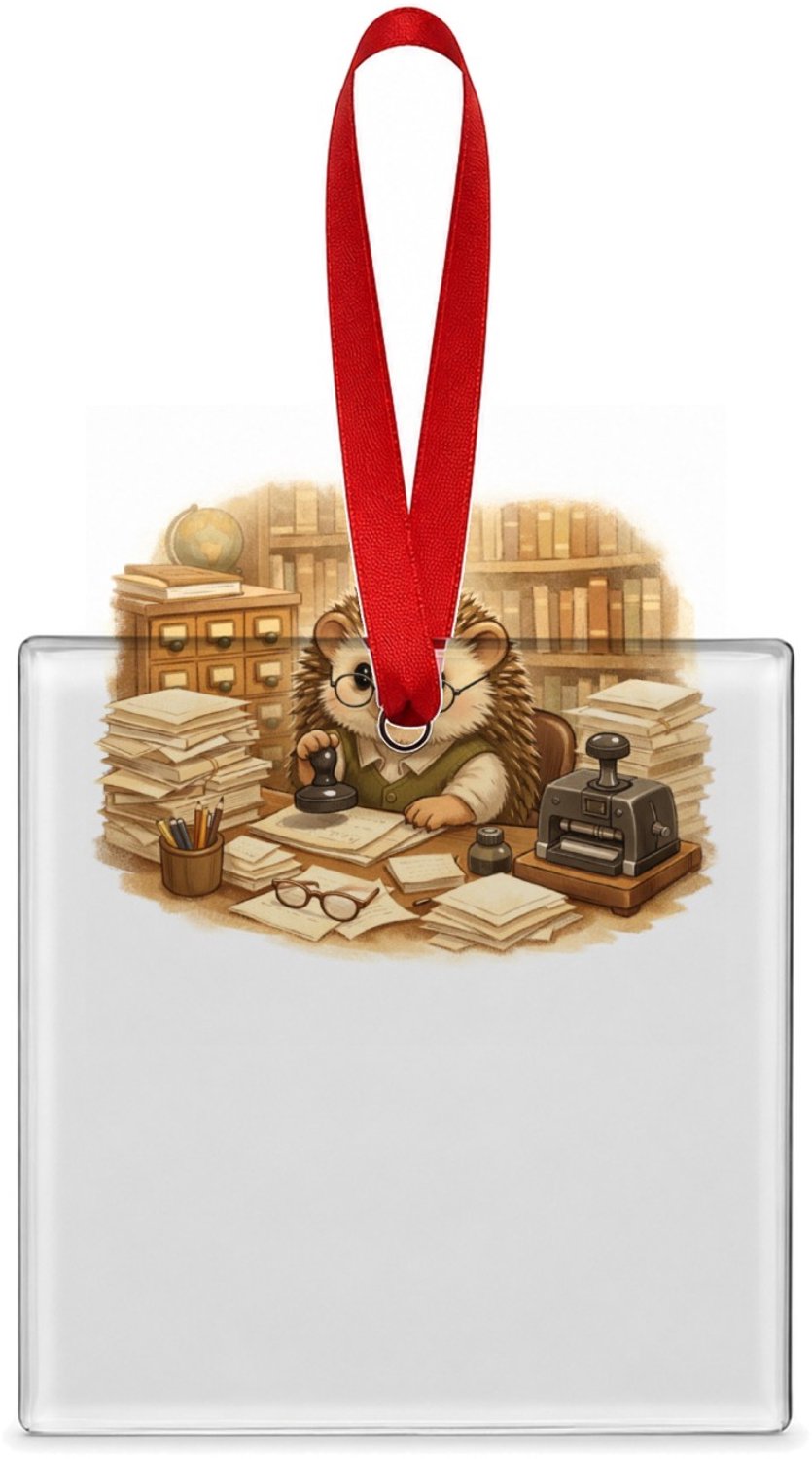 Mr Cadeautjes Glazen tegel vierkant 7,6 cm - design Een egel als bibliothecaris tussen hoge boekenkasten, met te | cadeau Wit