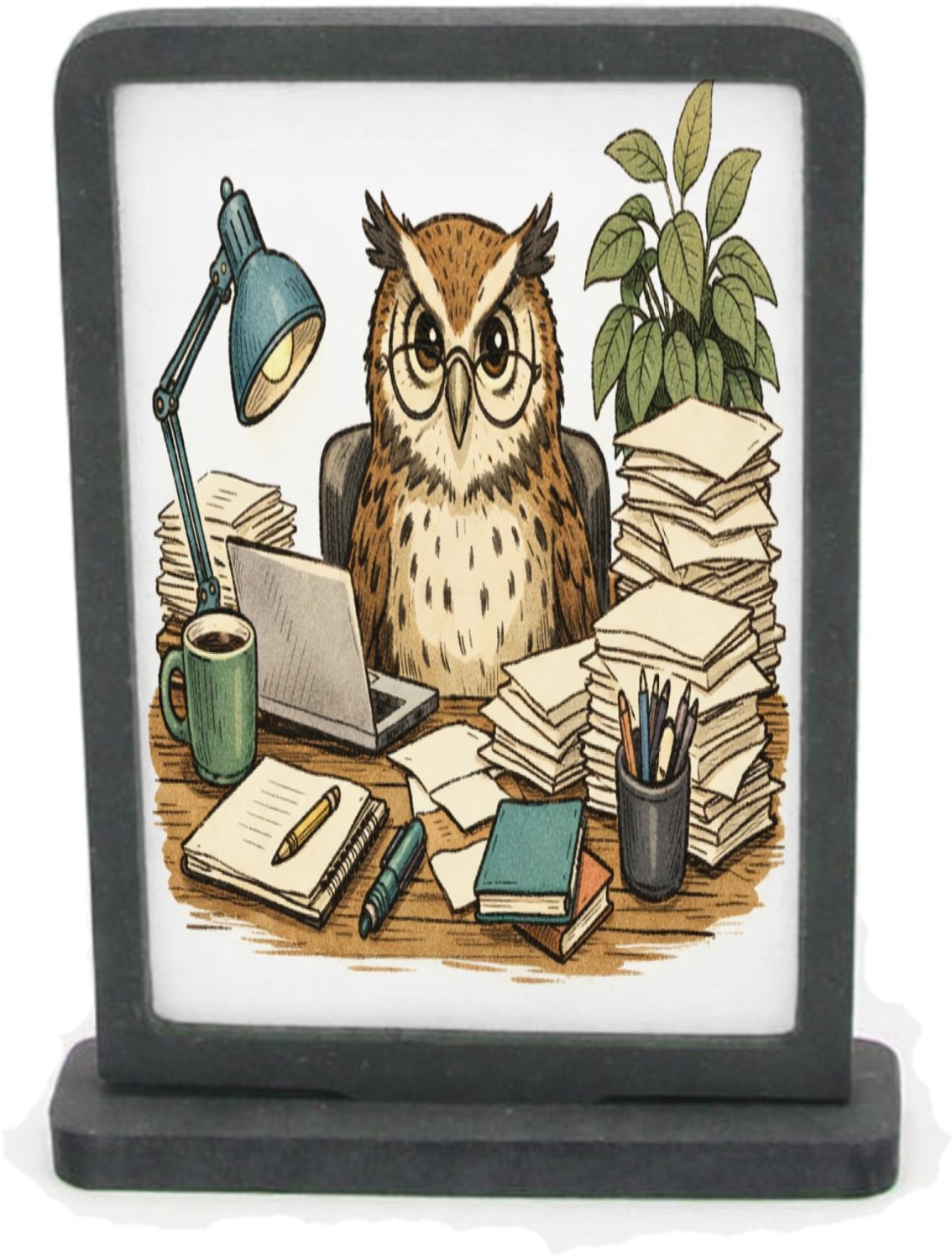 Mr Cadeautjes Houten fotolijst rechthoek met MDF inleg - design Een bosuil die op een chaotisch bureau een stapel dossiers o | cadeau Wit