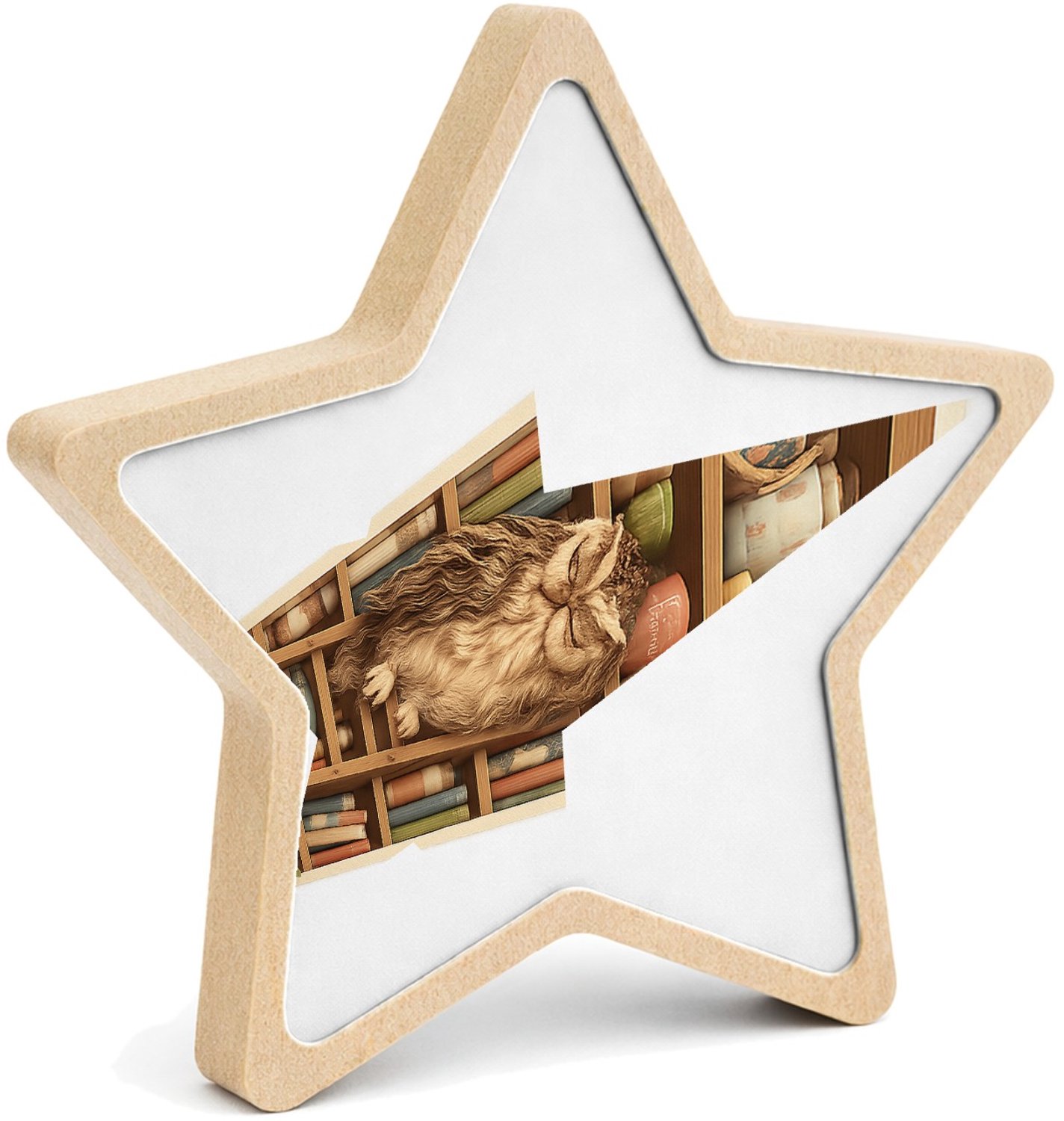 Mr Cadeautjes MDF fotolijst ster 14 x 13,5 - design Een slaperige uil op een ladder naast een hoge plank met the | cadeau Wit