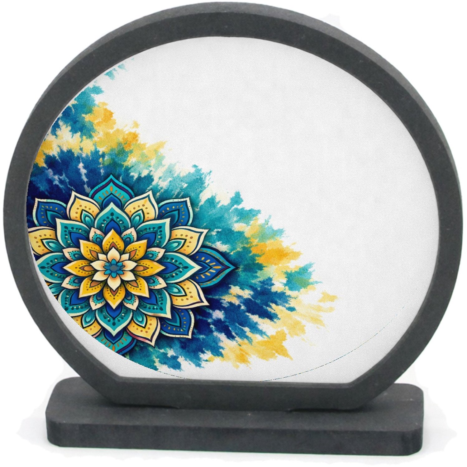 Mr Cadeautjes Houten fotolijst rond met MDF inleg - design Een grote, centrale zonnebloemmandala op een zachte aquarelw | cadeau Wit