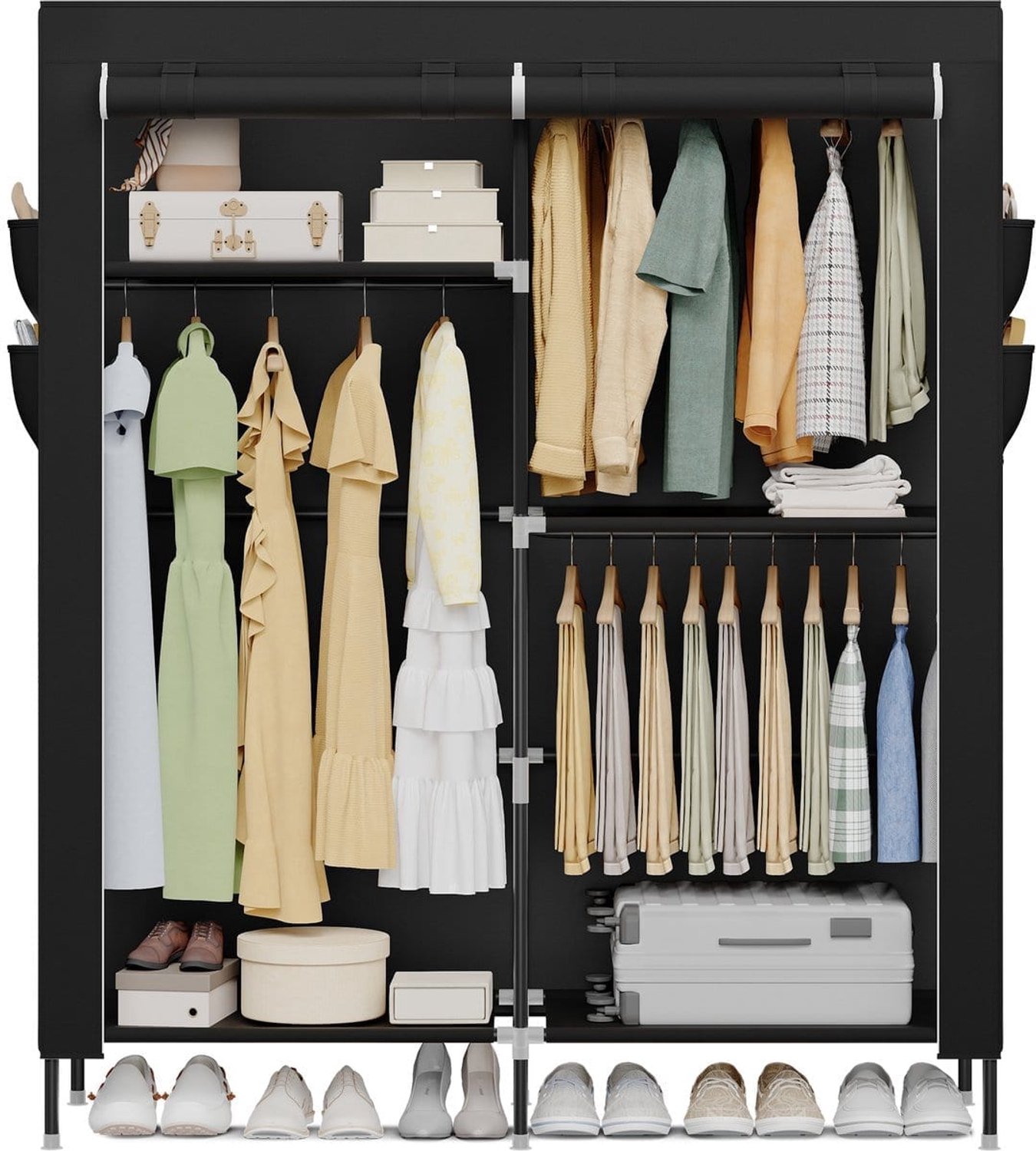 Klarven Kledingkast Zwart - Kledingkast - Kledingkasten - Wardrobe - 3 Hangvakken, Zijvakken, Stoffen Deuren - 127x45x180 cm
