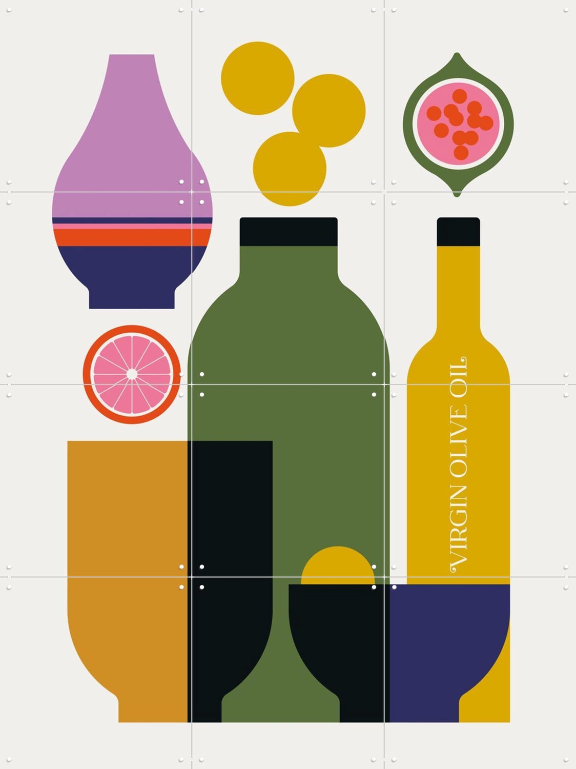 IXXI Bottles & Fruit, Bo Lundberg - 60 x 80 cm - Grote wanddecoratie en posters - Digitale Kunst, Geometrische Kunst, Minimalisme, Modern, Keuken Groen / Geel