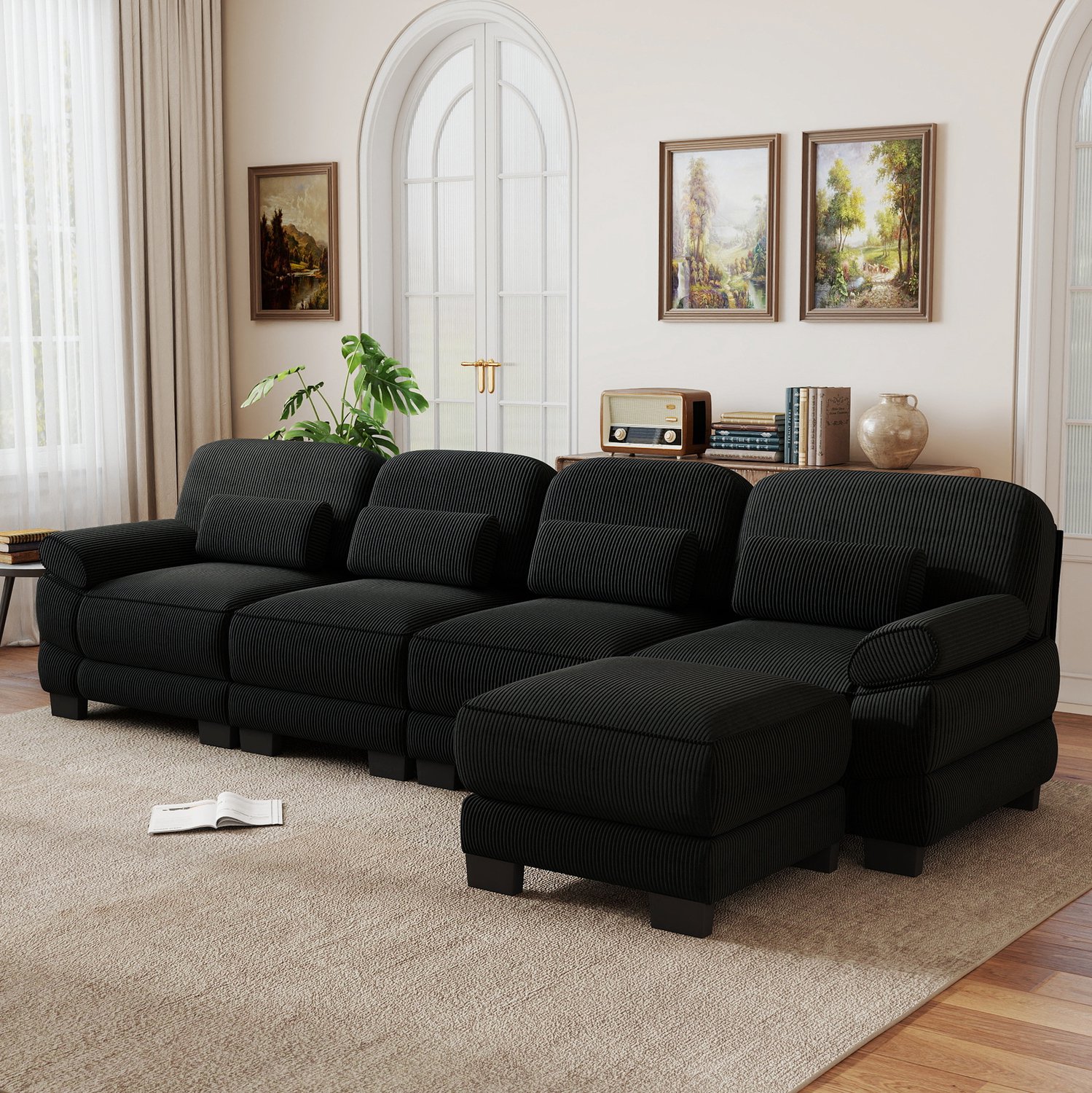 STILVORA Hoekbank 336 x 161 x 94 cm - Modulaire 4-Zitsbank met Hocker - Flexibel in L- of U-Vorm - Voor Woonkamer - Ribstof - Zwart