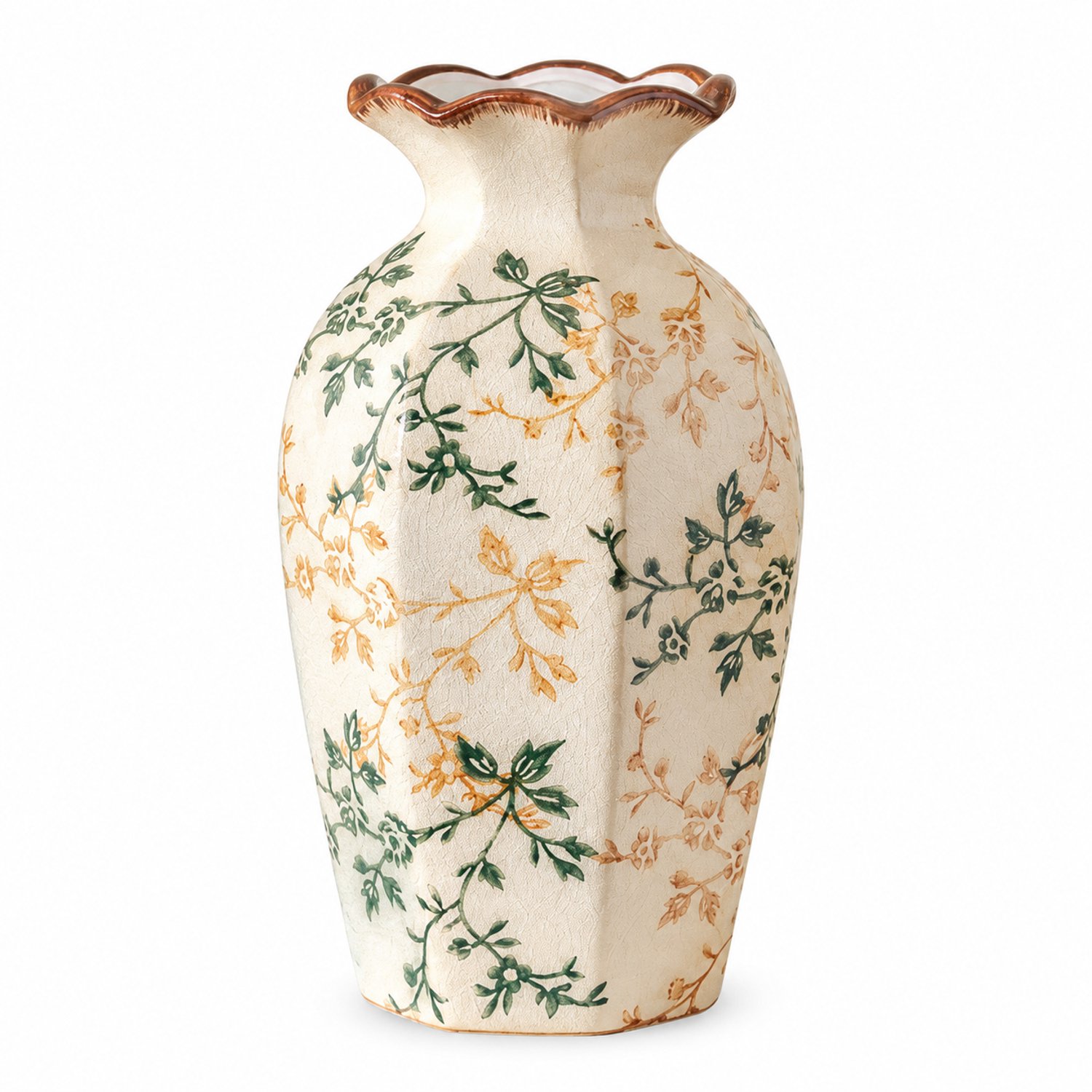 SWGOTA Middelgrote achtkantige keramische vaas, 23 cm hoog, met craquelé, bladranken en golvende rand, voor kunstbloemen Crème