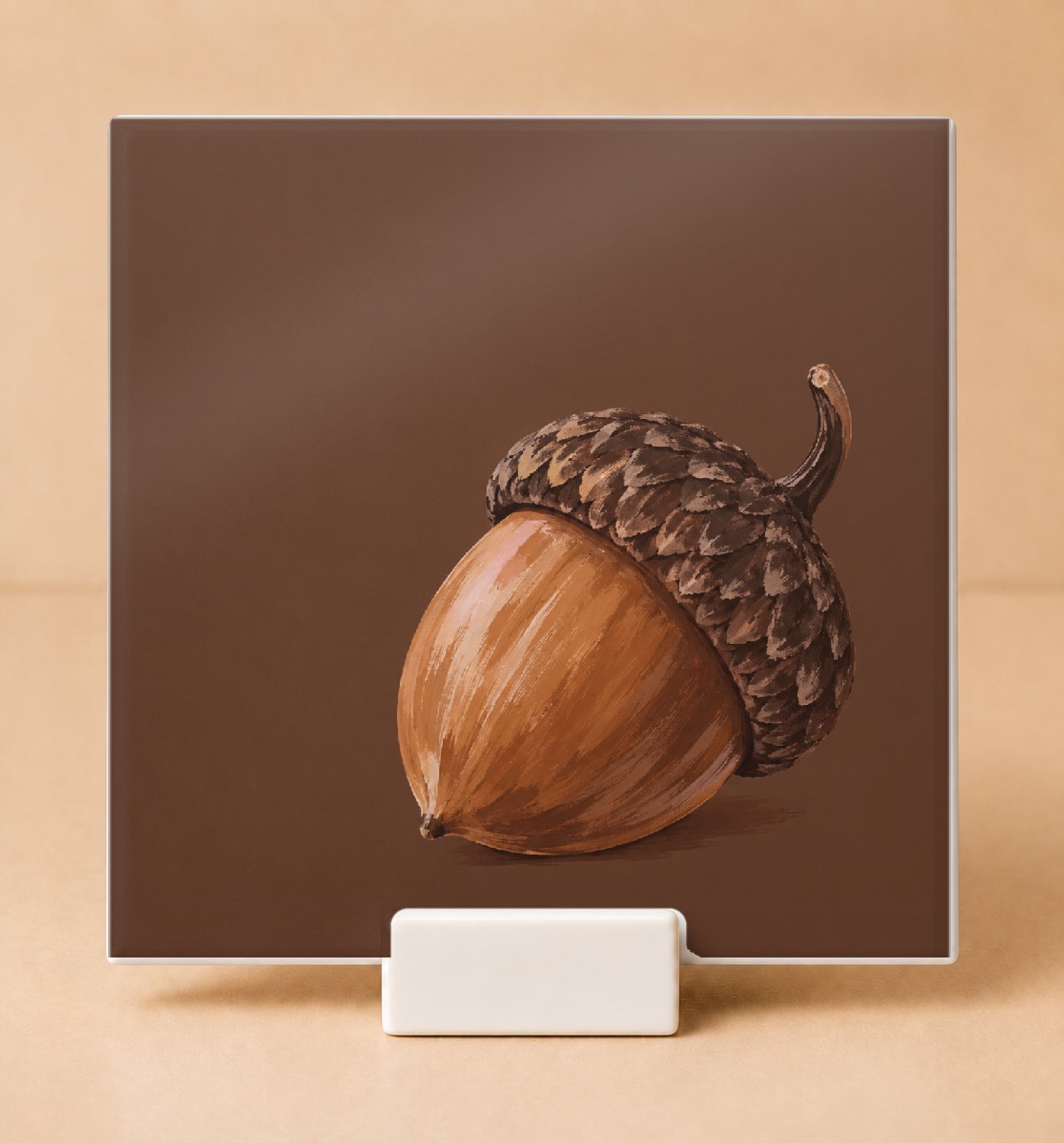 Bedruk King Natuurlijke Eikel Tegel – Sfeervolle Keramische Decoratietegel voor Natuurliefhebbers en Herfstfans - 11 x 11 cm met houder Wit