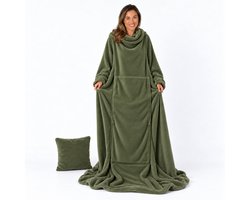 Fleece Deken met Mouwen - Opvouwbaar tot Kussen - Plaid met Mouwen - Hoodie Deken - Deken met Mouwen - Hoodie Blanket - Huggle Hoodie - Dekens - TV Deken - Groen - Dames en Heren - Volwassenen - 200x150 cm - Noodpakket - Kerstcadeau - Snuggie Moment