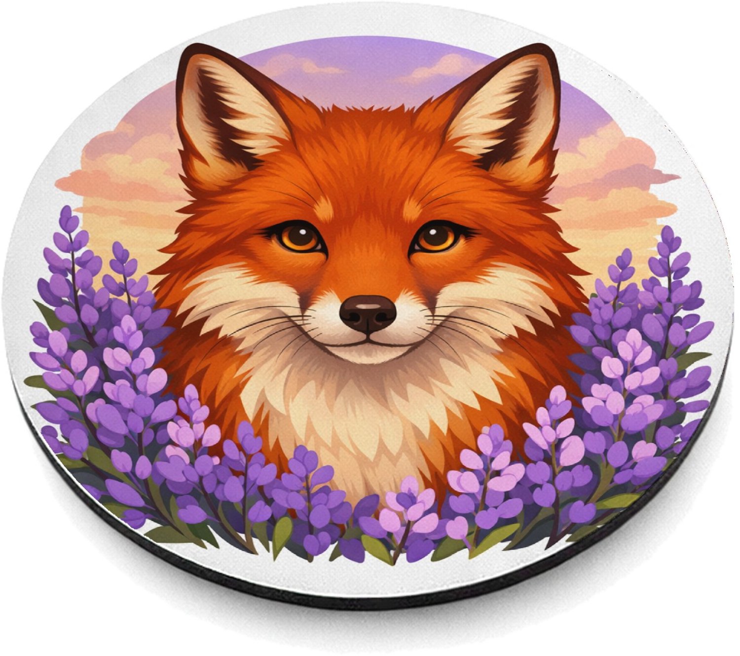Mr Cadeautjes MDF magnetische fotolijst rond Ø 9,5 - design Frontaal portret van een vos in een veld van paarse bloemen | cadeau Wit