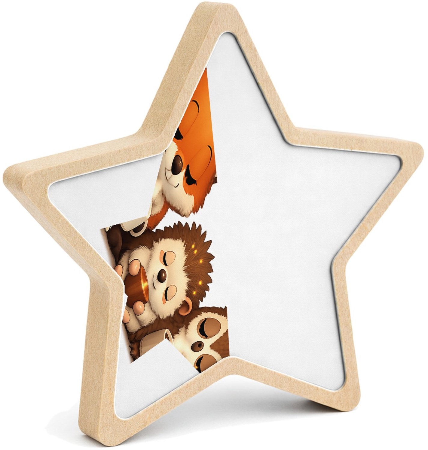 Mr Cadeautjes MDF fotolijst ster 14 x 13,5 - design Een warme reeks van slaperige bosdieren met een ochtenddrank | cadeau Wit