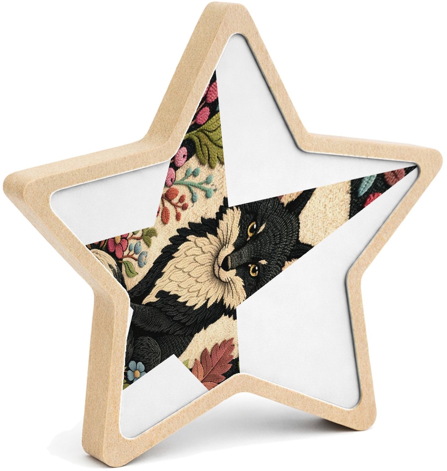 Mr Cadeautjes MDF fotolijst ster 14 x 13,5 - design Een vos in een sierlijke seizoensrand met herfstbladeren, be | cadeau Wit