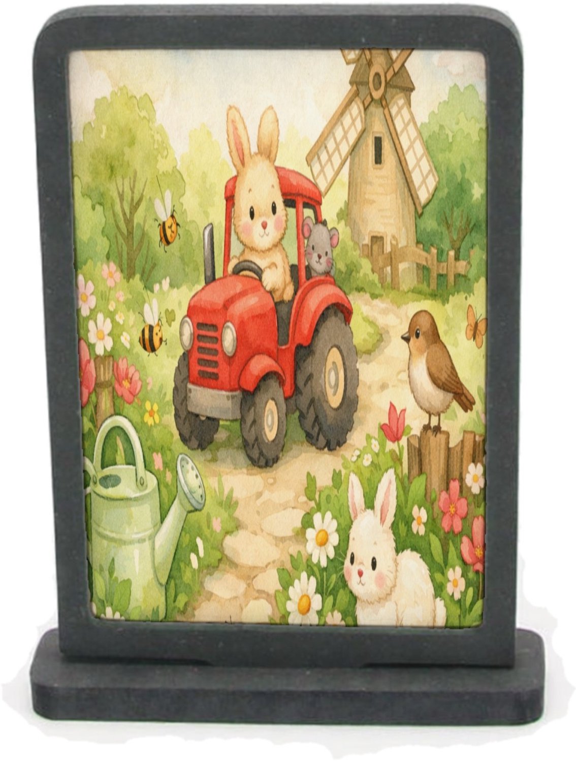 Mr Cadeautjes Houten fotolijst rechthoek met MDF inleg - design Een vrolijke tuinscène met een gieter, bijen, bloemen en kle | cadeau Wit