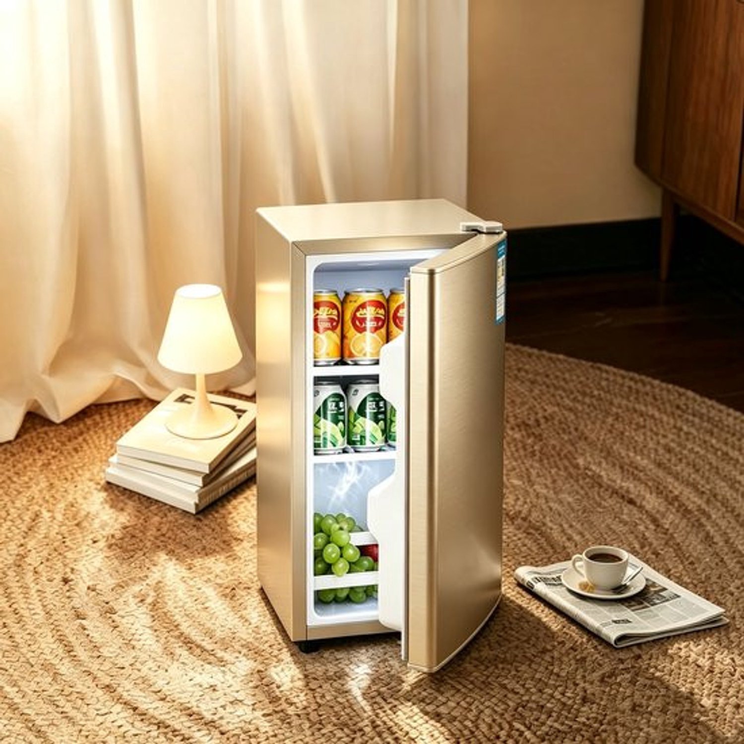 learnlogic Deze goudkleurige minikoelkast met één deur heeft een inhoud van 29 liter en is speciaal ontworpen om te koelen Hij werkt met een geluidsniveau van slechts 38 decibel en meet 55 × 40 × 39 cm waardoor hij compact en handig is