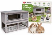 Konijnenhok met ren – Compact konijnenhok voor buiten met 2 verdiepingen en nachthok – 111x45x78 cm – Flamingo Konijnenhok Loft Cottage Grijs