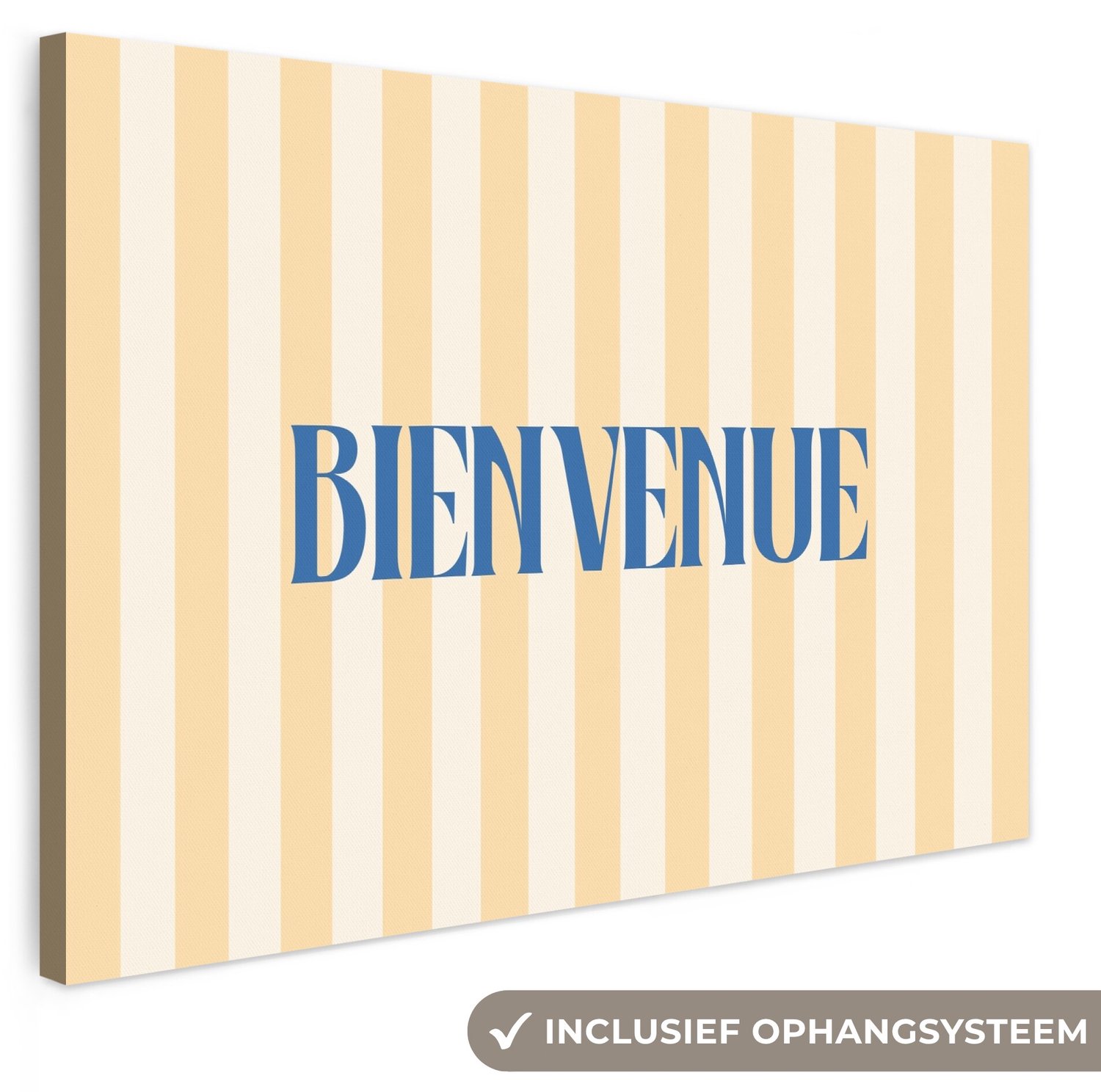 Canvas schilderij 150x100 cm - Exclusieve wanddecoratie Blauw - Geel - Strepen - Bienvenue - Muurdecoratie woonkamer - Slaapkamer decoratie - Kamer accessoires - Schilderijen op canvas groot XXL