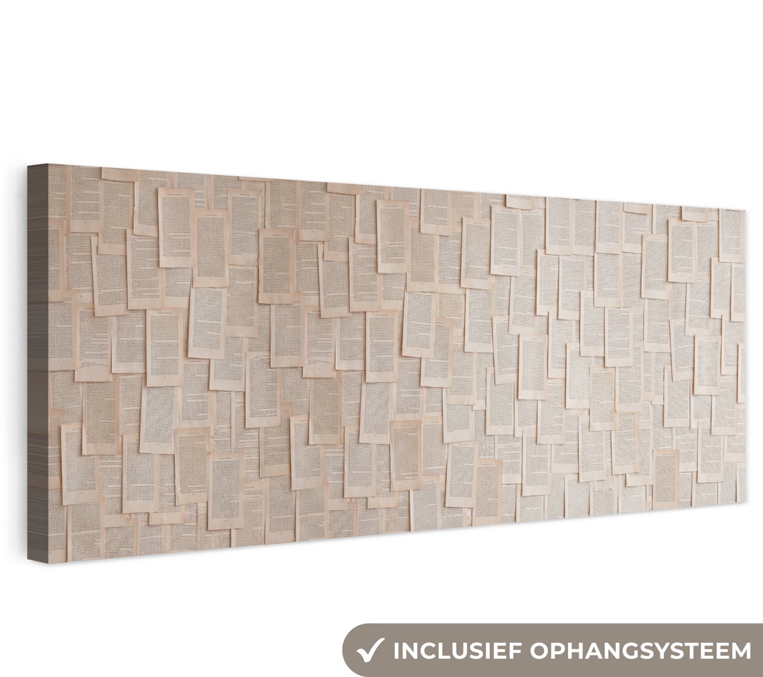 Canvas schilderij 120x40 cm - Exclusieve wanddecoratie Boekpagina - Collage - Literatuur - Vintage - Beige - Muurdecoratie woonkamer - Slaapkamer decoratie - Kamer accessoires - Schilderijen op canvas