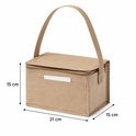 Beige koeltas van gerecycled papier, 21 cm breed, 15 cm hoog en 15 cm diep, met afmetingen aangegeven.