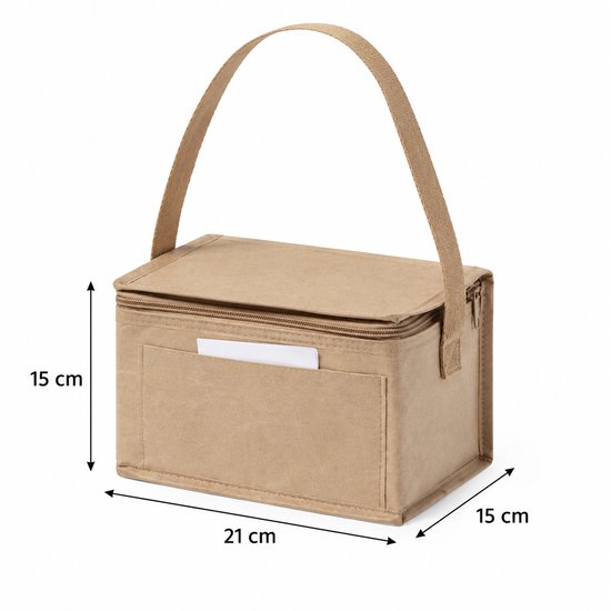 Beige koeltas van gerecycled papier, 21 cm breed, 15 cm hoog en 15 cm diep, met afmetingen aangegeven.