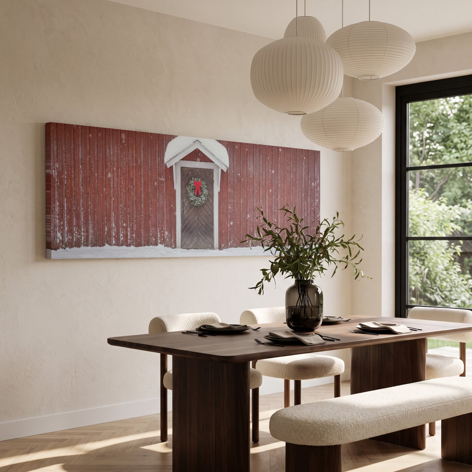 Canvas schilderij 150x50 cm - Exclusieve wanddecoratie Deur - Kerstkrans - Winter - Muurdecoratie woonkamer - Slaapkamer decoratie - Kamer accessoires - Schilderijen op canvas groot XXL – foto 6