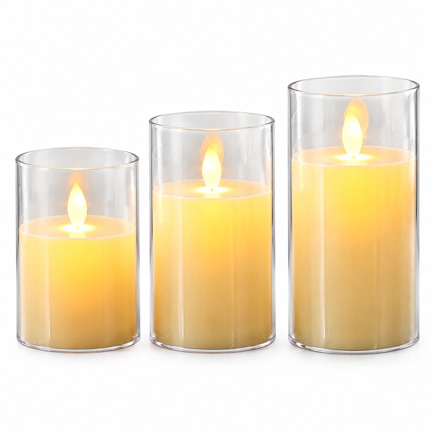 SWGOTA led kaarsen, set van 3, ivoorwit met bewegende vlam en vlakke bovenkant, 7.5 × 10/12.5/15 cm, voor bruiloften en feestdecoratie