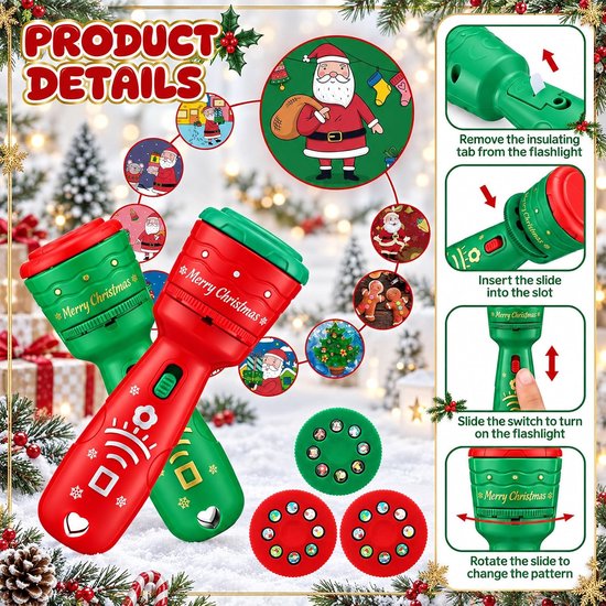 Kerst Projector Zaklamp - Met 3 Slides en 24 Afbeeldingen - Voor Kerstfeest, Goodiebag en Cadeau - Rood en Groen - 2 stuks van Huttutu — afbeelding 2