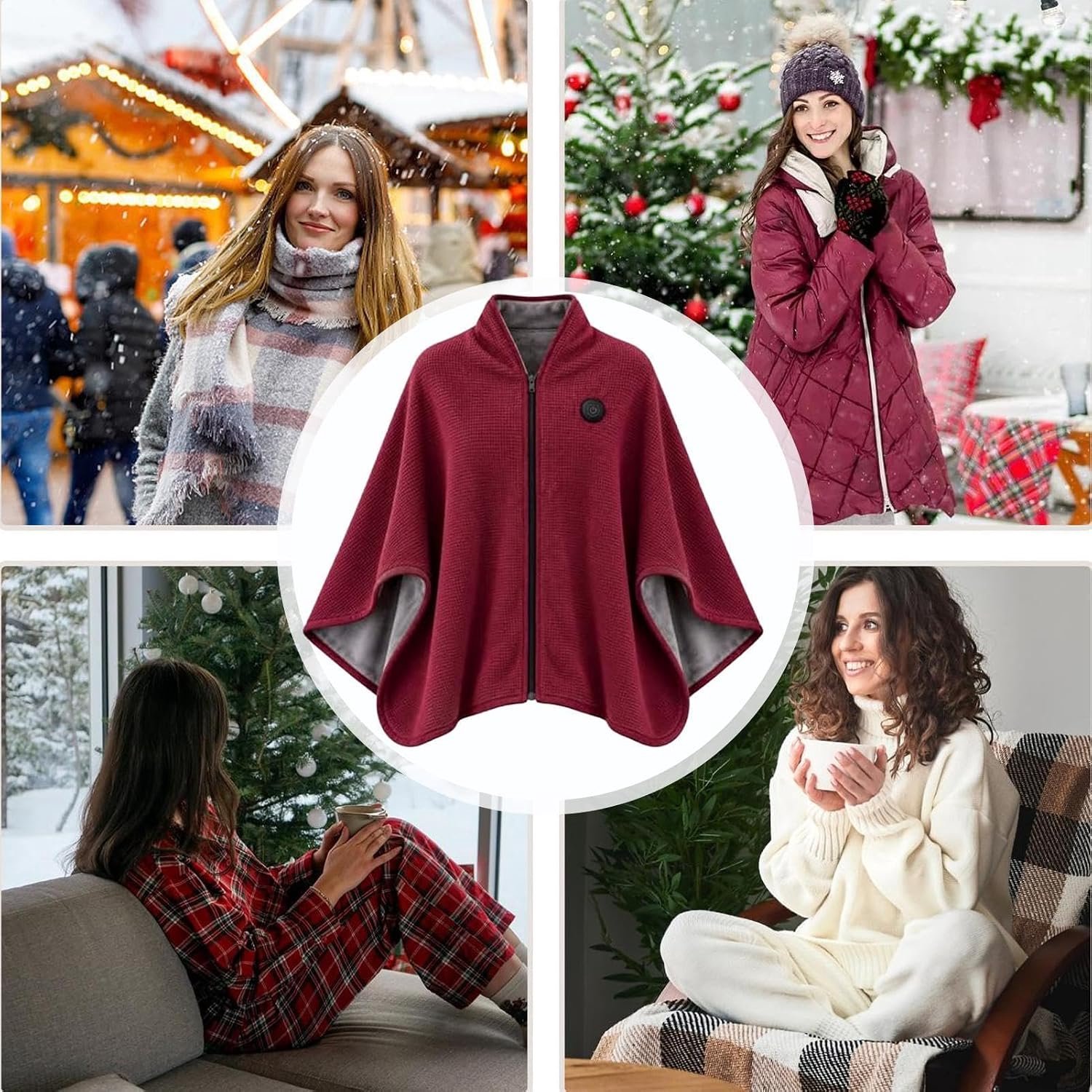 Heated Shawl - USB Elektrische Deken - 3 Standen - Wasbare - Warmtedeken 1 Persoons - Elektrische Cape met Rits - Voor Gebruik Binnen en Buiten - Draadloze - Draagbare verwarmde omslagdoek - Elektrische Cape met Rits - Elektrische deken - Rood – foto 4