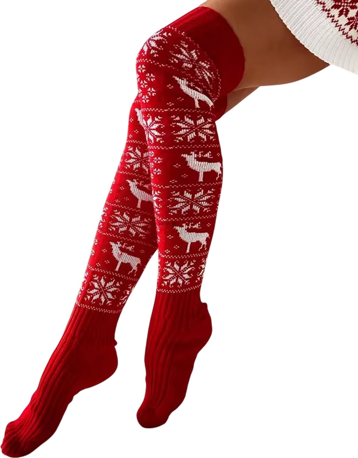Warme Wintersokken Dames – Gebreide Kniekousen met Eland- en Sneeuwvlokmotief Lange Overknee Sokken Kerstsokken Comfortabele Dameskousen Rood