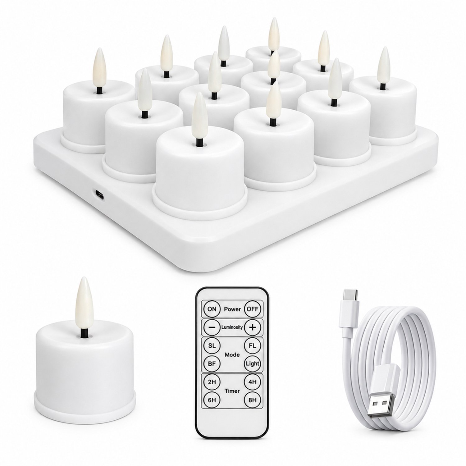 SWGOTA led kaarsen set van twaalf gladde witte kaarsen met warm licht afstandsbediening en Type C opladen