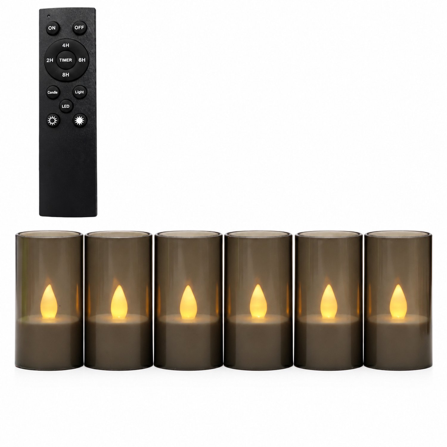 SWGOTA led kaarsen in grijze bekervorm, 6 per doos, met grote afstandsbediening en warmkleurige vlamvorm, voor bruiloftsdecoratie Grijs