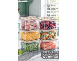Soft Chef Diepe Fresh Box Vershoudbakjes 6-delig – 1100 ml – Diepvries Organizer – Ideaal voor Vlees, Vis en Kip – Stapelbare Bewaarbakjes – BPA-vrij – Beige Deksels